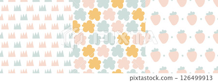 Kids nursery cute patterns strawberry, flower, crown.  Boho warm colors vector illustration set. good for textile 126499913