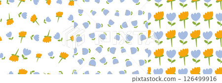 Abstract doodle flowers. Set of three simple hand drawn colored vector seamless patterns. Floral design, Naive art. Colorful trendy illustration. Good for textile 126499916