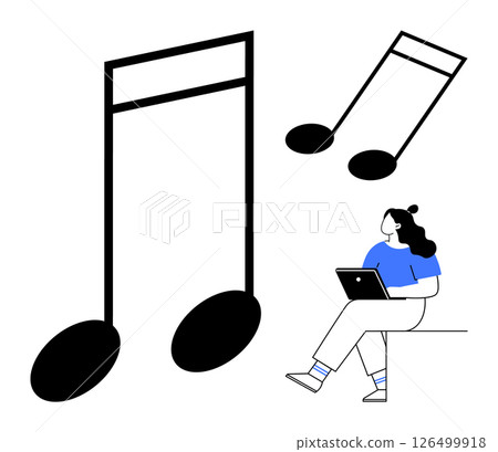 Woman seated with laptop, two large musical notes. Ideal for creativity, music production, online learning, digital work, graphic design, self-expression, educational tools. Line metaphor Woman seated with laptop, two large musical notes. Ideal for creativity, music production, online learning, digital work, graphic design, self-expression, educational tools. Line metaphor 126499918