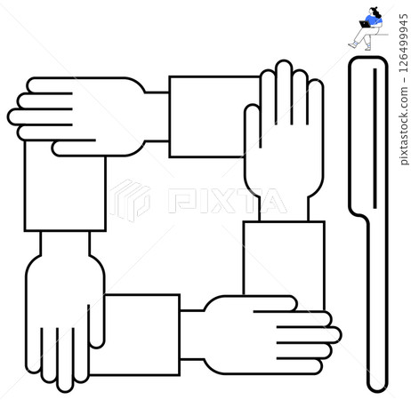 Four hands clasping each others wrists forming a square, representing teamwork and unity, with a person beside illustrating creative contribution. Ideal for concepts like teamwork, unity Four hands clasping each others wrists forming a square, representing teamwork and unity, with a person beside illustrating creative contribution. Ideal for concepts like teamwork, unity 126499945