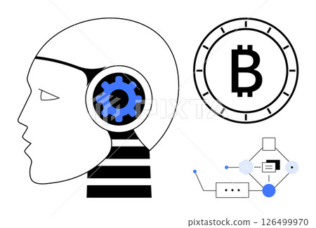 Minimalist robot profile with gear wheel, Bitcoin symbol, and network diagram. Ideal for technology, AI, blockchain, cryptocurrency, innovation, data analysis, digital economy. Line metaphor 126499970