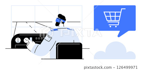 Pilot wearing VR headset operating aircraft controls in cockpit. Adjacent shopping cart icon in speech bubble. Ideal for VR training, aviation innovation, e-commerce, technology integration, future Pilot wearing VR headset operating aircraft controls in cockpit. Adjacent shopping cart icon in speech bubble. Ideal for VR training, aviation innovation, e-commerce, technology integration, future 126499971