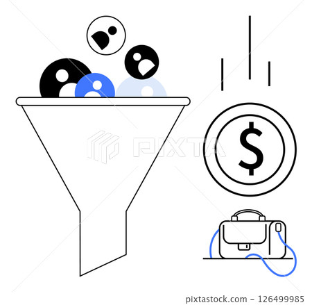 Funnel filled with avatars converts to dollar sign beside briefcase. Ideal for marketing, sales, conversion, business success, finance, profit growth, customer acquisition. Line metaphor Funnel filled with avatars converts to dollar sign beside briefcase. Ideal for marketing, sales, conversion, business success, finance, profit growth, customer acquisition. Line metaphor 126499985