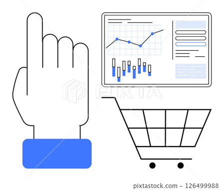 Hand pointing at screen displaying graphs and data. Adjacent shopping cart. Ideal for e-commerce, online shopping, digital marketing, sales analysis, data tracking, business growth, retail analysis 126499988