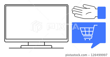 Computer monitor, hand gesturing, blue chat bubble with cart icon. Ideal for ecommerce, online shopping, digital marketing, retail promotion, customer service, commerce technology. Line metaphor Computer monitor, hand gesturing, blue chat bubble with cart icon. Ideal for ecommerce, online shopping, digital marketing, retail promotion, customer service, commerce technology. Line metaphor 126499997