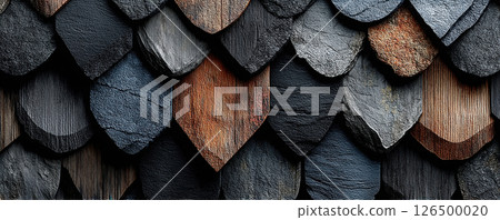 Intricate detail shot of a textured wall made from layered wooden and stone shingles. 126500020