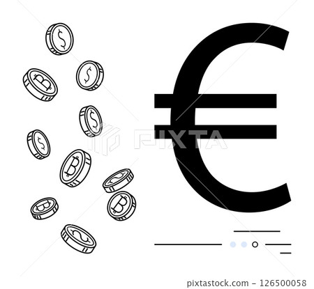 Large black Euro symbol beside falling bitcoin coins in outline style. Ideal for finance, investment, currency exchange, crypto markets, banking, economic discussions, digital finance. Line metaphor Large black Euro symbol beside falling bitcoin coins in outline style. Ideal for finance, investment, currency exchange, crypto markets, banking, economic discussions, digital finance. Line metaphor 126500058