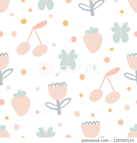 Cute doodle pastel colors fruit, cherry, butterfly, cherry and dots pattern. Cute kids illustration. Good for fabric, wallpaper Cute doodle pastel colors fruit, cherry, butterfly, cherry and dots pattern. Cute kids illustration. Good for fabric, wallpaper 126500124
