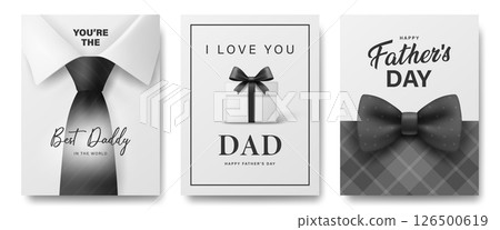 Vector Fathers Day Card Set with Shirt and Tie, Gift Box with Bow, Plaid Background. Happy Daddy Typography, Black and White Greeting Design for Dad. Modern Vector Holiday Illustration 126500619