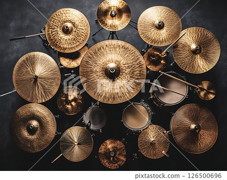 Golden Cymbals and Drum Set Viewed from Top Perspective 126500696