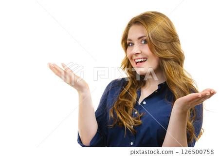 Happy young woman gesturing with hands, 126500758