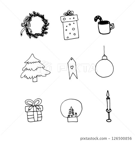 Hand drawn Christmas doodles illustrations.  126500856