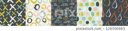 Naive kids seamless pattern pack with pears, cross, dots, cars. Naive kids seamless pattern pack with pears, cross, dots, cars. 126500863