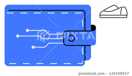 Blue wallet with circuit-like pattern indicating digital finance, accompanied by simple shoe symbol ideal for e-commerce, fintech, online shopping, security, innovation, shopping apps, and digital Blue wallet with circuit-like pattern indicating digital finance, accompanied by simple shoe symbol ideal for e-commerce, fintech, online shopping, security, innovation, shopping apps, and digital 126500917