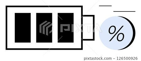 Battery symbol filled with three black bars alongside a percentage icon. Ideal for energy, electronics, battery life, efficiency, technology, power management, sustainability. Line metaphor 126500926