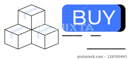 Three stacked cardboard boxes next to a large blue buy button. Ideal for e-commerce, online retail, digital transactions, logistics, delivery services, user interface design, mobile apps. Line 126500943