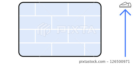 Rectangular brick wall with light blue bricks. Blue arrow points upward towards shoe icon. Ideal for motivation, goal setting, progress, growth, achievement, overcoming obstacles, career. Line Rectangular brick wall with light blue bricks. Blue arrow points upward towards shoe icon. Ideal for motivation, goal setting, progress, growth, achievement, overcoming obstacles, career. Line 126500971