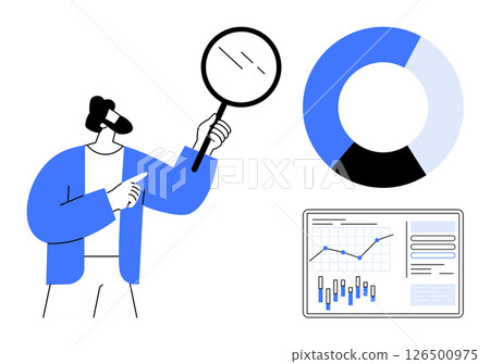 Businessperson holds a magnifying glass, examines a pie chart and a screen displaying graphs and data. Ideal for business analysis, data exploration, market research, financial review, strategic Businessperson holds a magnifying glass, examines a pie chart and a screen displaying graphs and data. Ideal for business analysis, data exploration, market research, financial review, strategic 126500975