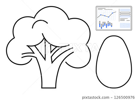 Simplistic tree silhouette, egg shape, and data chart featuring graphs and bar charts. Ideal for education, infographics, science, nature, agriculture, data representation, graphic design. Line Simplistic tree silhouette, egg shape, and data chart featuring graphs and bar charts. Ideal for education, infographics, science, nature, agriculture, data representation, graphic design. Line 126500976