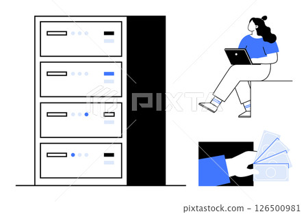 Woman sitting with a laptop, server rack, and hand holding money bills. Ideal for technology, online transactions, finance, data storage, IT support, remote work, digital payments. Line metaphor 126500981