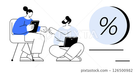 Two business professionals discussing data while holding tablet and laptop. Ideal for business meetings, data analysis, teamwork, collaboration, financial planning, employee training, and technology Two business professionals discussing data while holding tablet and laptop. Ideal for business meetings, data analysis, teamwork, collaboration, financial planning, employee training, and technology 126500982