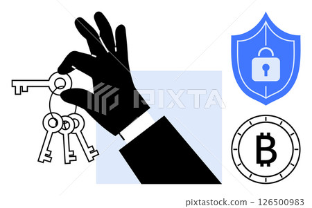 Hand holding keys next to a security shield with a lock and a Bitcoin symbol. Ideal for digital security, privacy, cryptocurrencies, blockchain, asset protection, online safety, data encryption. Line 126500983