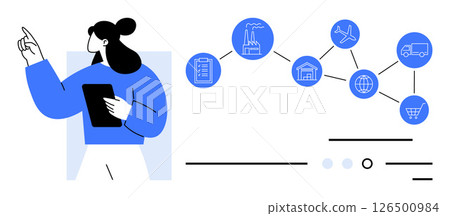 Woman holding a tablet, pointing at a supply chain flowchart with icons for buildings, factory, warehouse, globe, airplane, truck, shopping cart. Ideal for business strategy, logistics planning 126500984