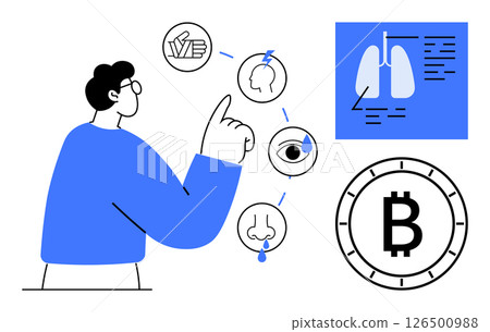 Man pointing to various icons including the brain, lungs, eye, and bitcoin symbol. Ideal for healthcare, technology, finance, education, digital transformation, data analysis, innovation themes. Line 126500988