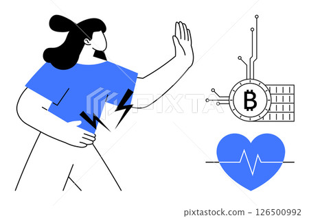Individual with hand raised in defense. Blue heart with heartbeat symbol and Bitcoin circuit. Ideal for technology wellness finance digital stress cryptocurrency impact health. Line art style 126500992