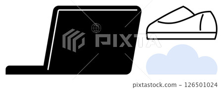 Laptop in use, pair of modern slippers, and a cloud icon in the background. Ideal for remote work, home office, digital nomadism, relaxation, technology, virtual collaboration, work-life balance 126501024