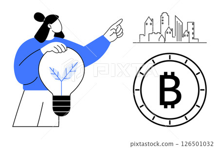 Businesswoman holding light bulb with plant inside, pointing at city skyline. Bitcoin symbol nearby. Ideal for business innovation, renewable energy, cryptocurrency, urban development, green tech 126501032