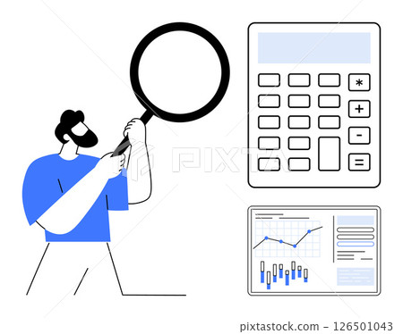 Man in blue shirt holding magnifying glass near large calculator and analytics dashboard with graphs. Ideal for financial analysis, business strategy, accounting, market research, data science 126501043
