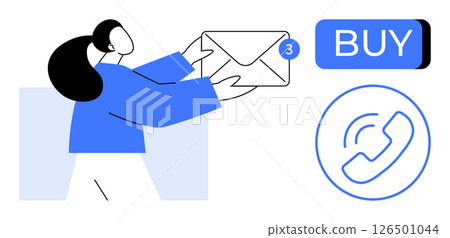 Person holding an envelope with three new messages, accompanied by a BUY button and a phone icon. Ideal for communication, online shopping, email marketing, notifications, customer support, sales Person holding an envelope with three new messages, accompanied by a BUY button and a phone icon. Ideal for communication, online shopping, email marketing, notifications, customer support, sales 126501044