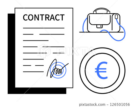 Contract with signature, briefcase, and coin with Euro symbol showcase business deal and financial exchange. Ideal for finance, business services, legal agreements, professional transactions Contract with signature, briefcase, and coin with Euro symbol showcase business deal and financial exchange. Ideal for finance, business services, legal agreements, professional transactions 126501056