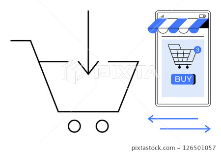 Simple shopping cart and smartphone with awning. Ideal for e-commerce digital marketing online shopping mobile commerce virtual storefront consumer behavior. Minimalist vector style 126501057
