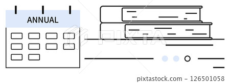 Calendar labeled Annual beside two stacked books. Ideal for productivity, planning, organization, time management, academic scheduling, event coordination, yearly reviews. Line metaphor 126501058