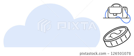 Large blue cloud with linked briefcase and coin icons. Ideal for data storage, cloud computing, security, finance, business, technology, connectivity, and innovation. Line metaphor 126501078