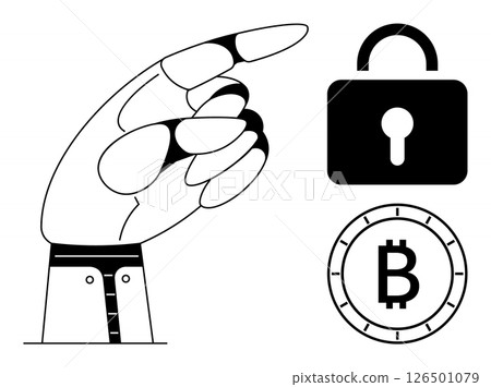 Hand pointing towards a padlock and Bitcoin symbol, representing digital security, blockchain technology, and cryptocurrency. Ideal for finance, cybersecurity, blockchain, digital economy, fintech Hand pointing towards a padlock and Bitcoin symbol, representing digital security, blockchain technology, and cryptocurrency. Ideal for finance, cybersecurity, blockchain, digital economy, fintech 126501079