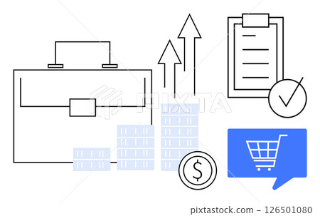 Briefcase, arrows indicating growth, financial checklist, coin stacks, shopping cart icon. Ideal for business strategy, financial planning, e-commerce, investment, market analysis, economic growth Briefcase, arrows indicating growth, financial checklist, coin stacks, shopping cart icon. Ideal for business strategy, financial planning, e-commerce, investment, market analysis, economic growth 126501080