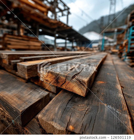 A close-up view showing a stack of weathered timber planks in a lumber yard setting. 126501119