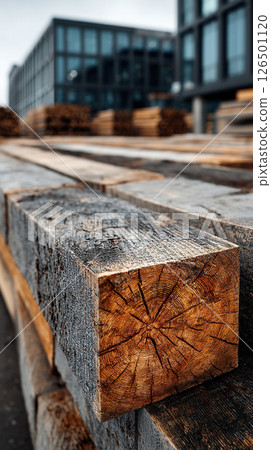 A detailed view of aged wooden beams, displaying the natural textures and patterns of the wood. 126501120