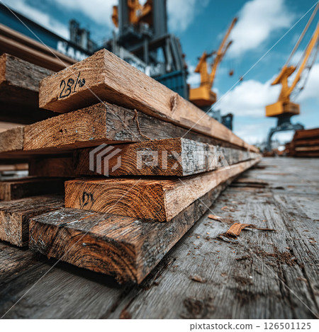 Wooden planks stacked on a dock with industrial cranes in the background on a sunny day. 126501125