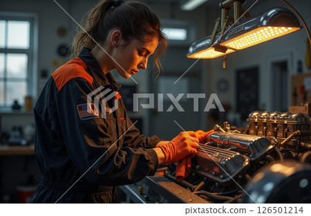 Woman Technician in Coveralls Working on Mechanical Equipment 126501214