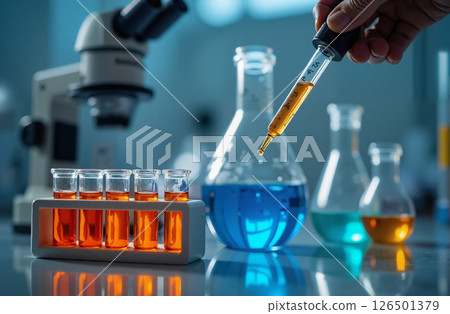 Scientist Using Pipette with Colorful Chemical Liquids in Laboratory 126501379