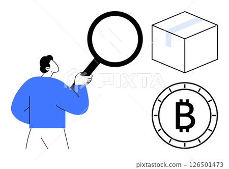 Person holding a magnifying glass observing a box and a Bitcoin symbol. Ideal for themes related to search, analysis, scrutiny, inspection, investigation, cryptocurrency, and e-commerce. Line 126501473