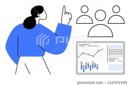 Businesswoman pointing up, indicating data analysis on screen showing charts and graphs with team audience icons. Ideal for presentations, teamwork, analytics, business strategy, education, digital Businesswoman pointing up, indicating data analysis on screen showing charts and graphs with team audience icons. Ideal for presentations, teamwork, analytics, business strategy, education, digital 126501499