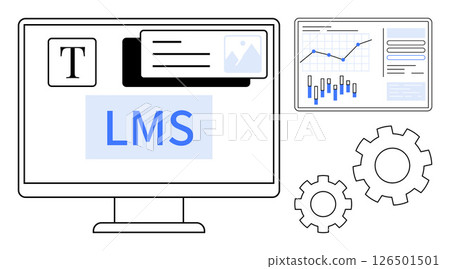 Computer screen displaying LMS platform with text editor, image uploader, and course card. Analytics dashboard with charts, graph. Gears indicating settings or customization. Ideal for e-learning Computer screen displaying LMS platform with text editor, image uploader, and course card. Analytics dashboard with charts, graph. Gears indicating settings or customization. Ideal for e-learning 126501501