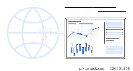 Digital analytics dashboard featuring line and bar graphs, and information boxes adjacent to a faint global connectivity symbol. Ideal for data analysis, business reports, global statistics, online 126501508