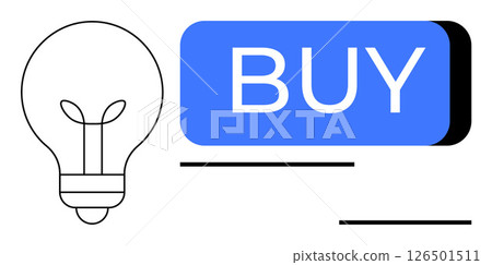 Light bulb next to prominent blue BUY button, symbolizing ideas and e-commerce integration. Ideal for online shopping, creativity, innovation, web design, user interface, marketing, advertising. Line 126501511