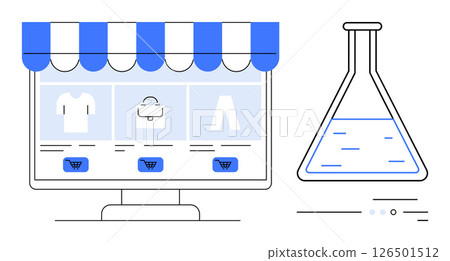 Computer screen displaying an online store with a shopping basket icon, and a laboratory flask. Ideal for themes thumbs up e-commerce, digital marketing, product development, market analysis, online 126501512